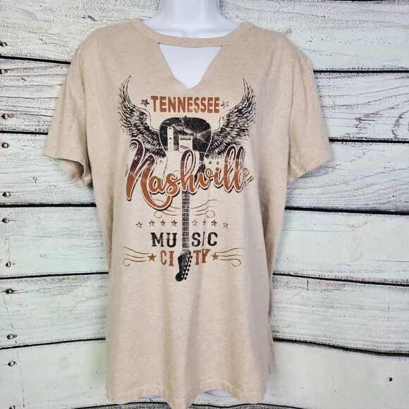 Maurices XL Beige Nashville Music City Graphic Tee Cutout Neck Short Sleeve - Picture 1 of 7